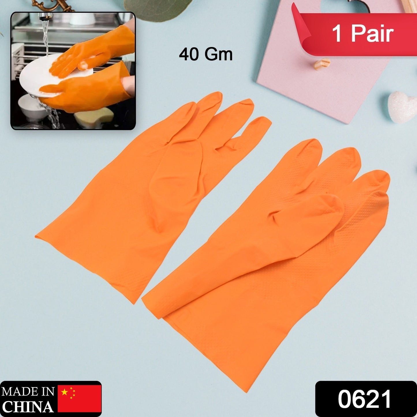 0621 Multipurpose Rubber Reusable Cleaning Gloves Reusable Rubber Hand Gloves I Latex Safety Gloves I For Washing I Cleaning Kitchen I Gardening I Sanitation I Wet And Dry Use Orange Gloves (1 Pair 40 Gm)