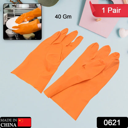 0621 Multipurpose Rubber Reusable Cleaning Gloves Reusable Rubber Hand Gloves I Latex Safety Gloves I For Washing I Cleaning Kitchen I Gardening I Sanitation I Wet And Dry Use Orange Gloves (1 Pair 40 Gm)