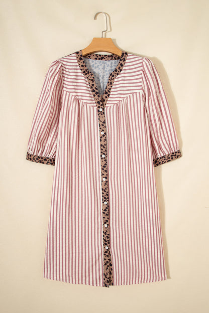 Khaki Stripe Square Button Leopard Trim Loose Bracelet Sleeve Shirt Dress
