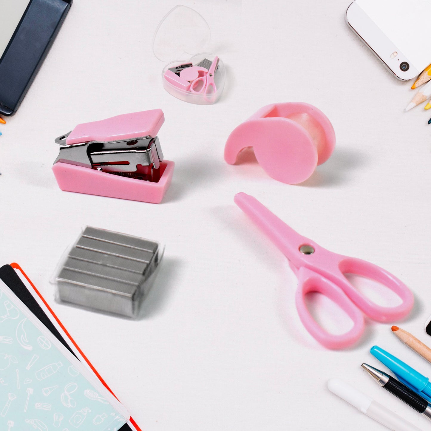 4143 Mini Office Stationery Set Including Stapler Scissors Paper Clips Tape Dispenser Transparent Tape And Staples