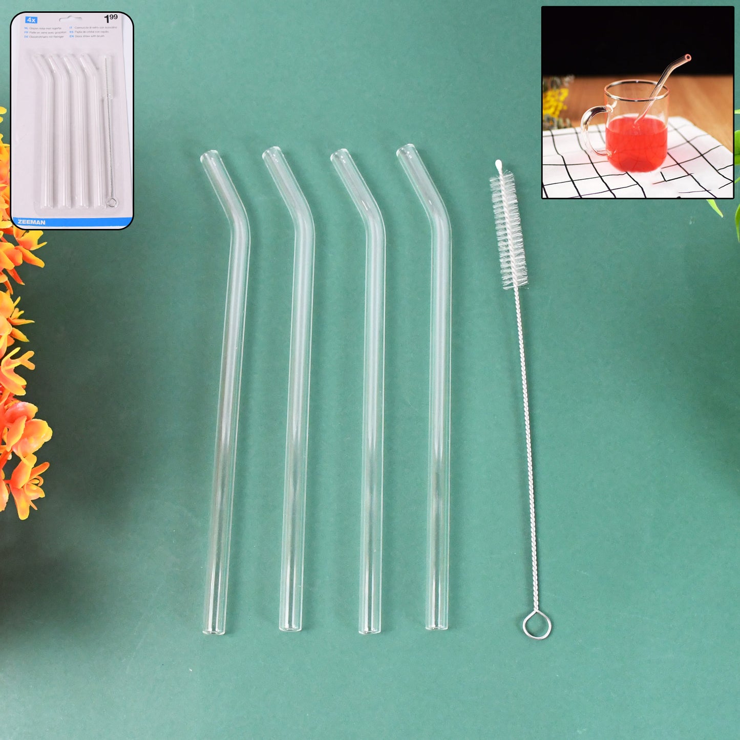 4 Pcs Reusable Glass Straws With 1 Cleaning Brushes