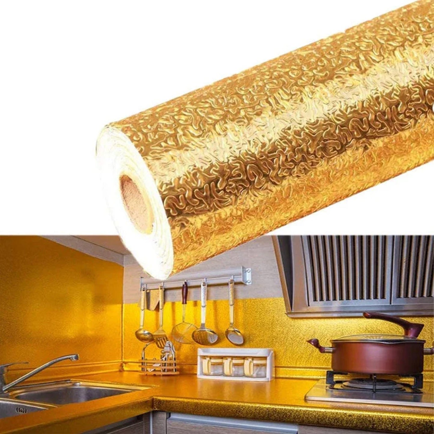 Oil Proof Sticker Waterproof Self Adhesive Aluminum Foil Wallpaper (60 Cm2m  Golden  1 Pc)