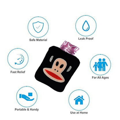 6522 Black Monkey Small Hot Water Bag With Cover For Pain Relief Neck Shoulder Pain And Hand Feet Warmer Menstrual Cramps.