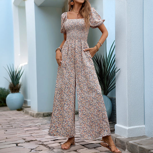 Square Collar Puff Sleeve Vacation Style Floral Jumpsuit