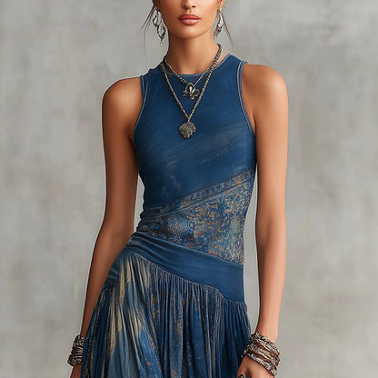 Printed sleeveless vest dress with elegant large swing round neck skirt