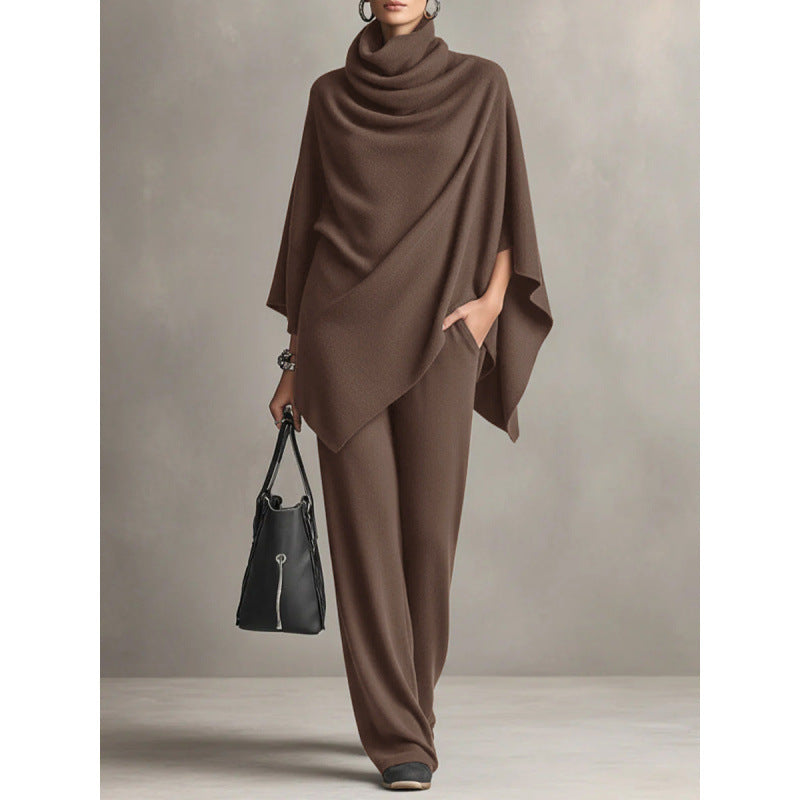 Autumn and Winter German Velvet Pile Collar Cloak Top+Wide Leg Pants Two Piece Set
