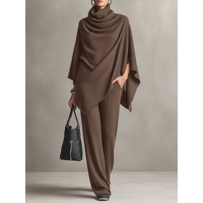 Autumn and Winter German Velvet Pile Collar Cloak Top+Wide Leg Pants Two Piece Set