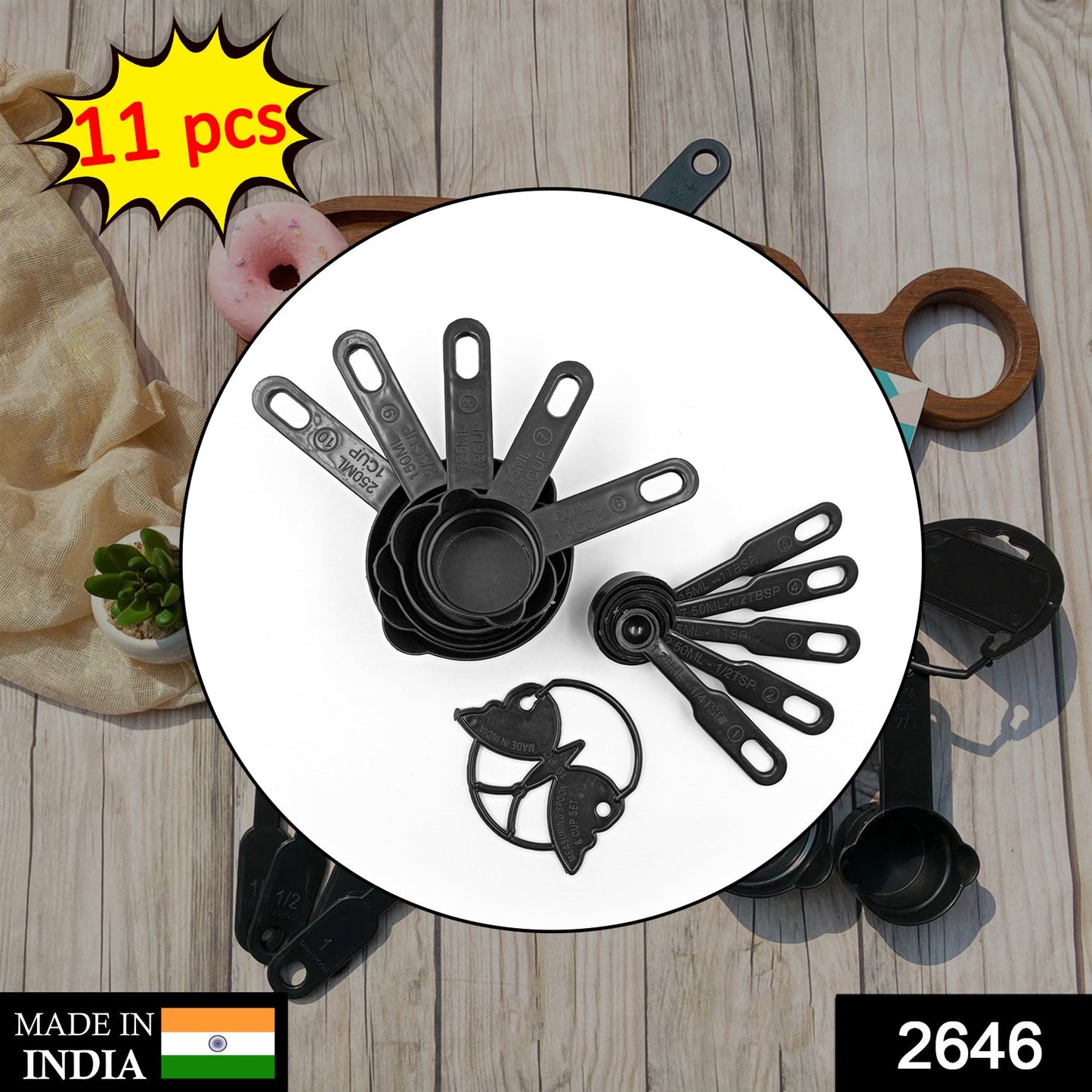 2646 Plastic Measuring Cups And Spoons (11 Pcs Black) With Butterfly Shape Holder