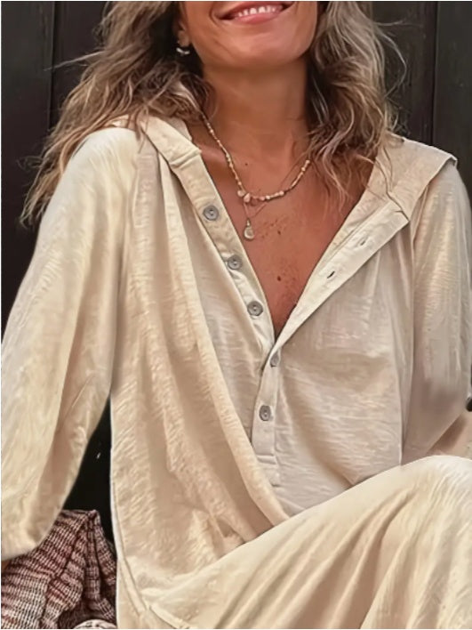 Women'S Casual Beige Hooded Jumpsuit With Long Sleeves And Buttons