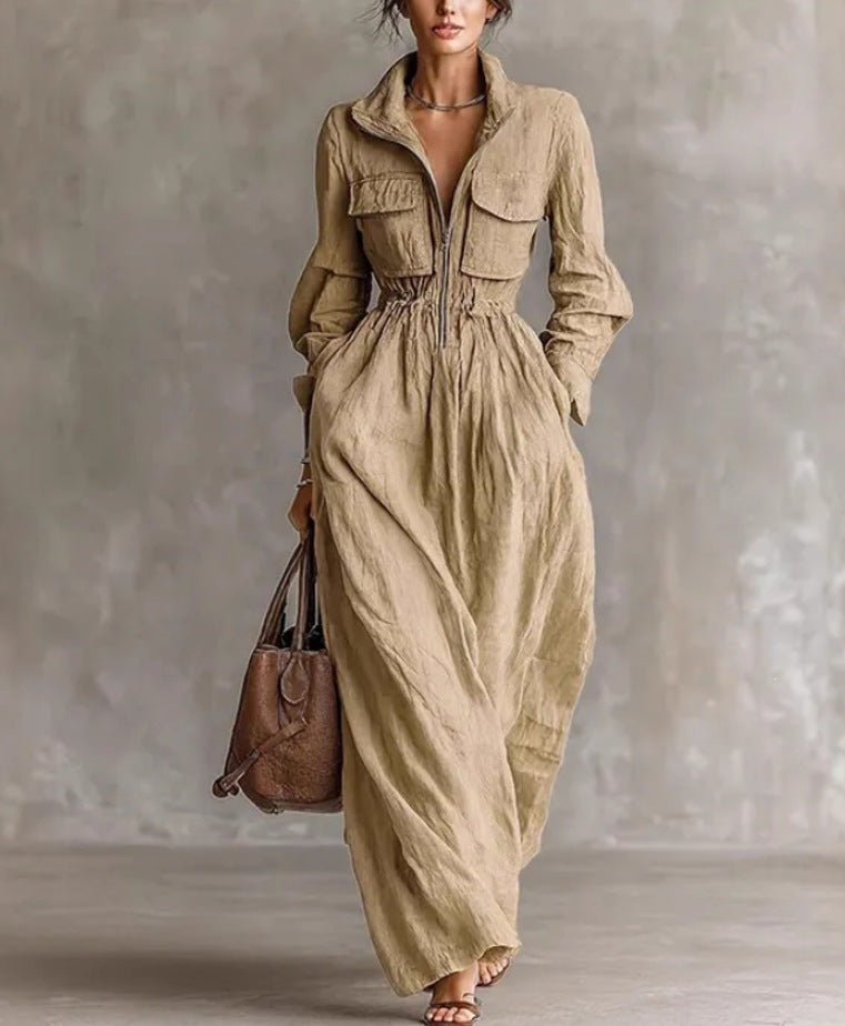Women's Zipper Collar Elastic Waist Long Dress
