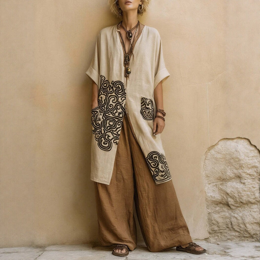 Loose Embroidered Long Robe Two-Piece Set for Women, Casual Wide-Leg Pants Outfit, Fashionable and Trendy