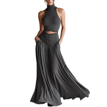 Style Sleeveless High Neck Top with Elegant Long Dress Two-Piece Set