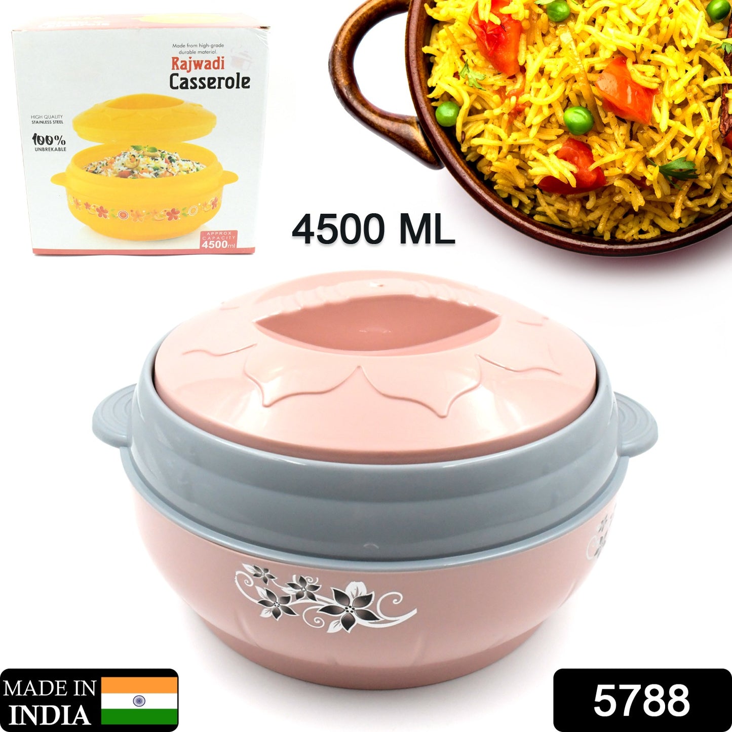 5788 High Quality Steel Casserole Box For Food Searving Inner Steel Insulated Casserole Hot Pot Flowers Printed Chapati Box For Roti Kitchen (Approx 4500 Ml)