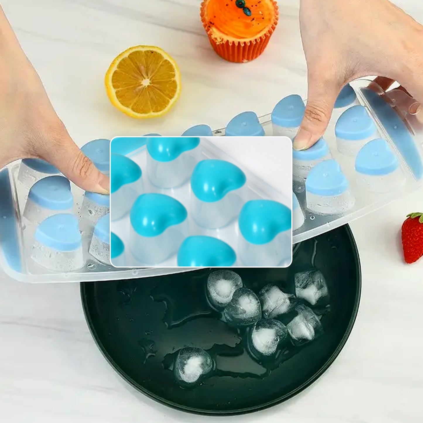 5352 Easy Push Premium Pop-up Ice Tray With Flexible Silicon Bottom And Lid Heart Shape 18 Cube Trays