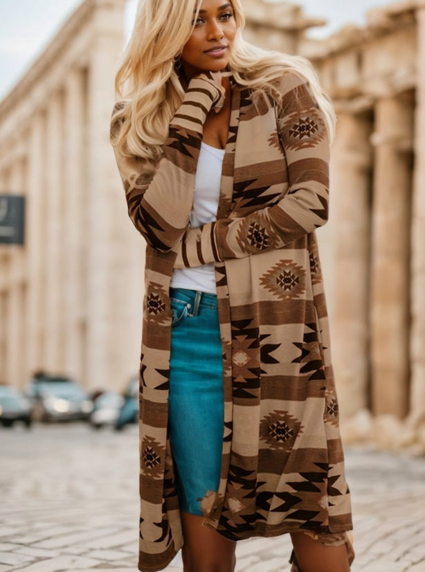 Women's Sweater - Multicolor Geometric Color Block Open Front Long Cardigan