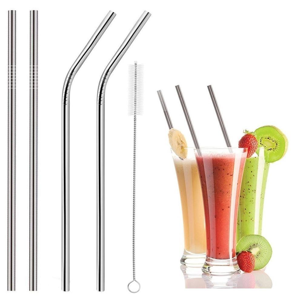 579 Set Of 4 Stainless Steel Straws  Brush (2 Straight Straws 2 Bent Straws 1 Brush)