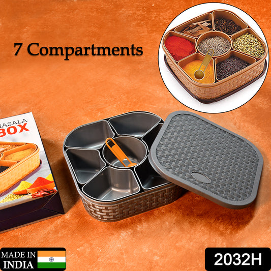 2032h Masala Box For Keeping Spices Spice Box For Kitchen Masala Container Plastic Wooden Style 7 Sections (Multi Color).