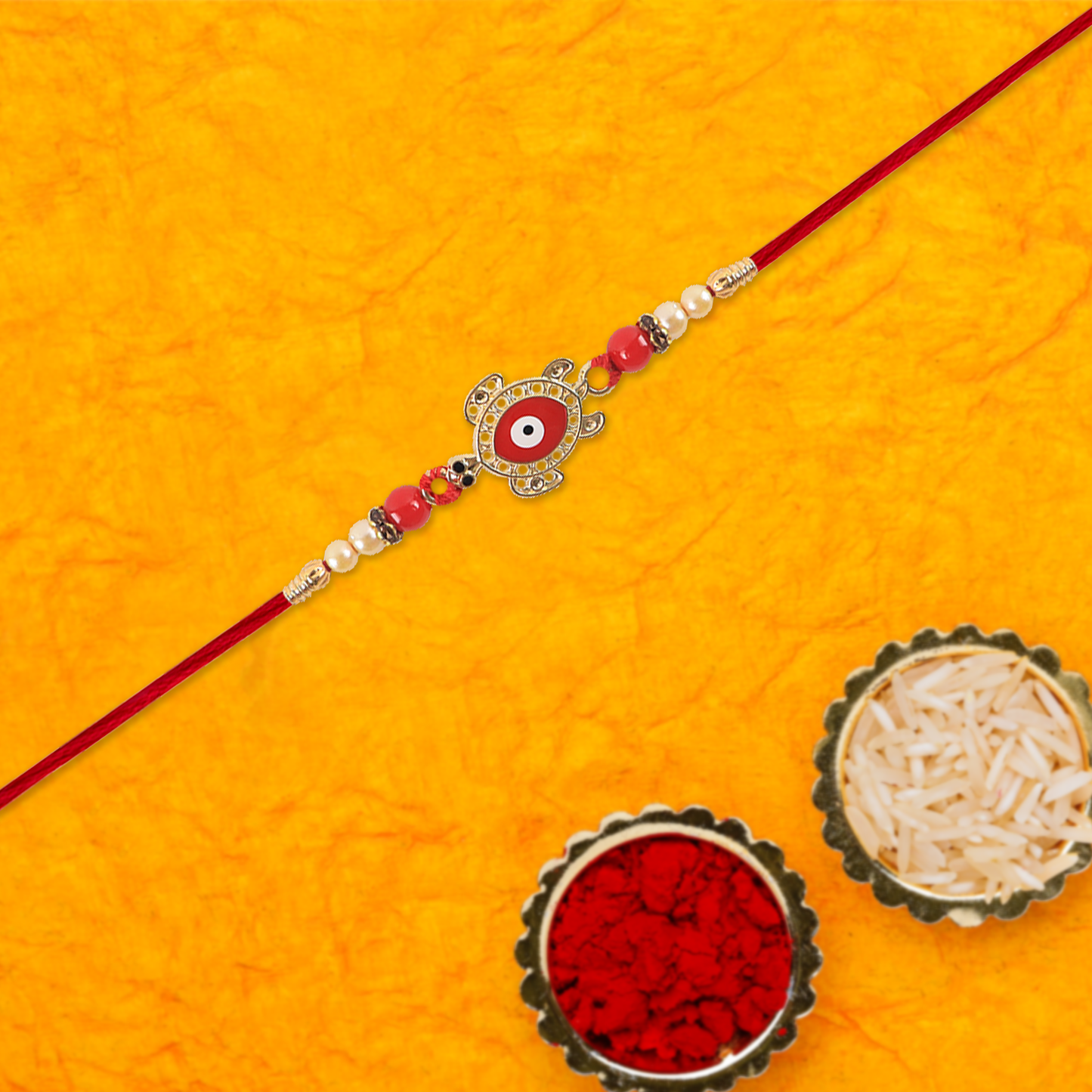 Golden Turtle Design Rakhi With Red Beads  Traditional Mauli Thread