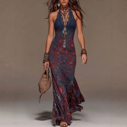 Hanging neck women's lace deep V sleeveless slim fit Bohemian dress