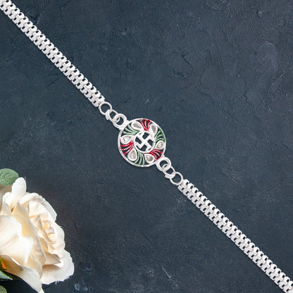 Swastik Design Rakhi With Tricolor Enamel And Silver Metal Chain