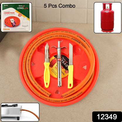 Mishras 5-piece Multipurpose Lpg Kitchen Combo Set With Gas Pipe Cylinder Trolley Knife Lighter  Peeler
