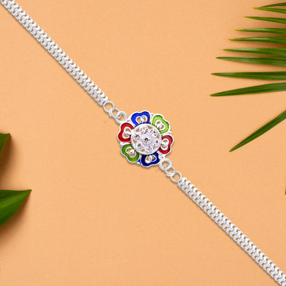 Silver Floral Rakhi With Multicolor Enamel And Stones
