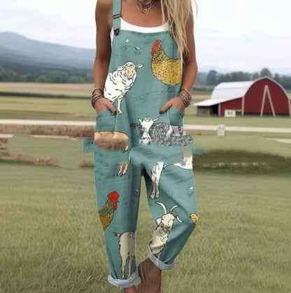 Women's Digital 3D Printing Buttons Casual Suspender Trousers Suspenders