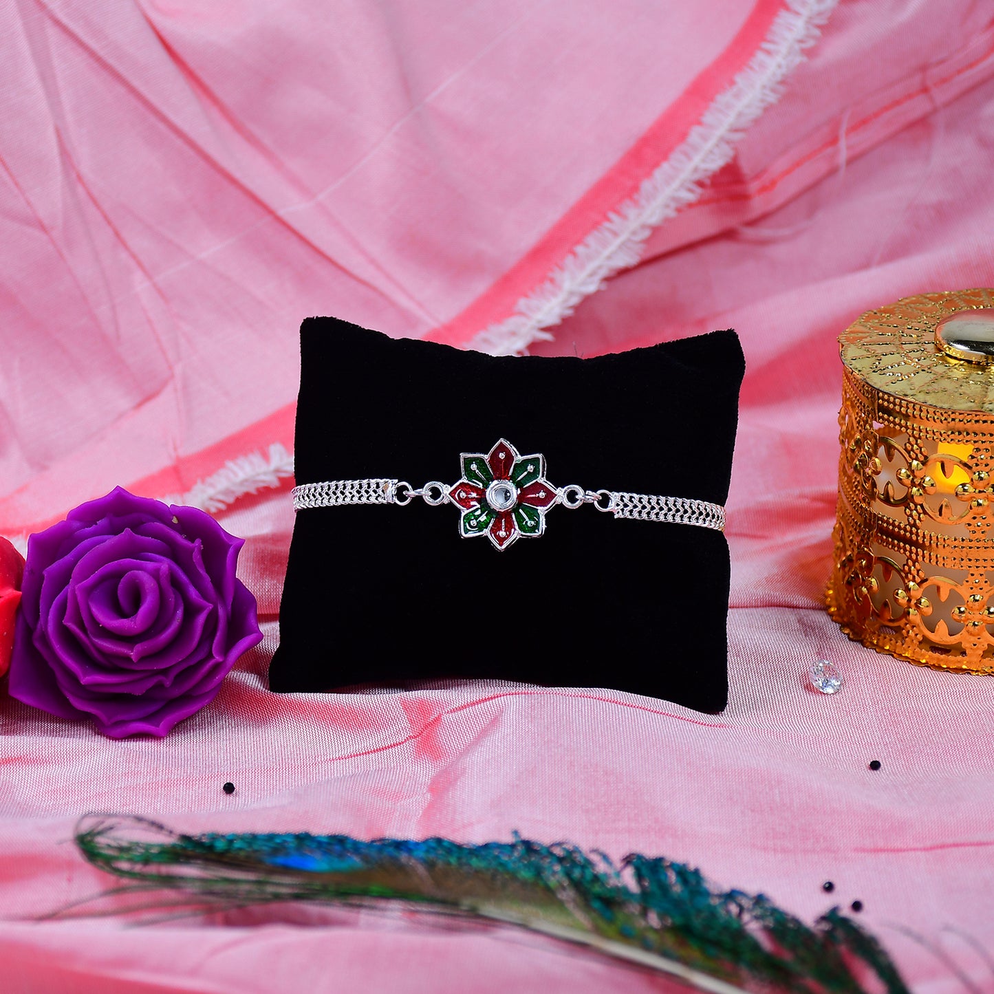 Star Floral Rakhi With Red-green Enamel And Silver Chain