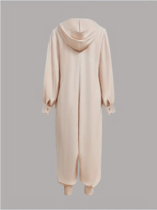 Women'S Casual Beige Hooded Jumpsuit With Long Sleeves And Buttons