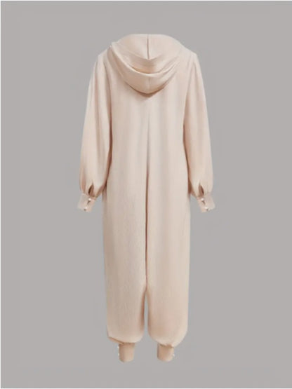 Women'S Casual Beige Hooded Jumpsuit With Long Sleeves And Buttons