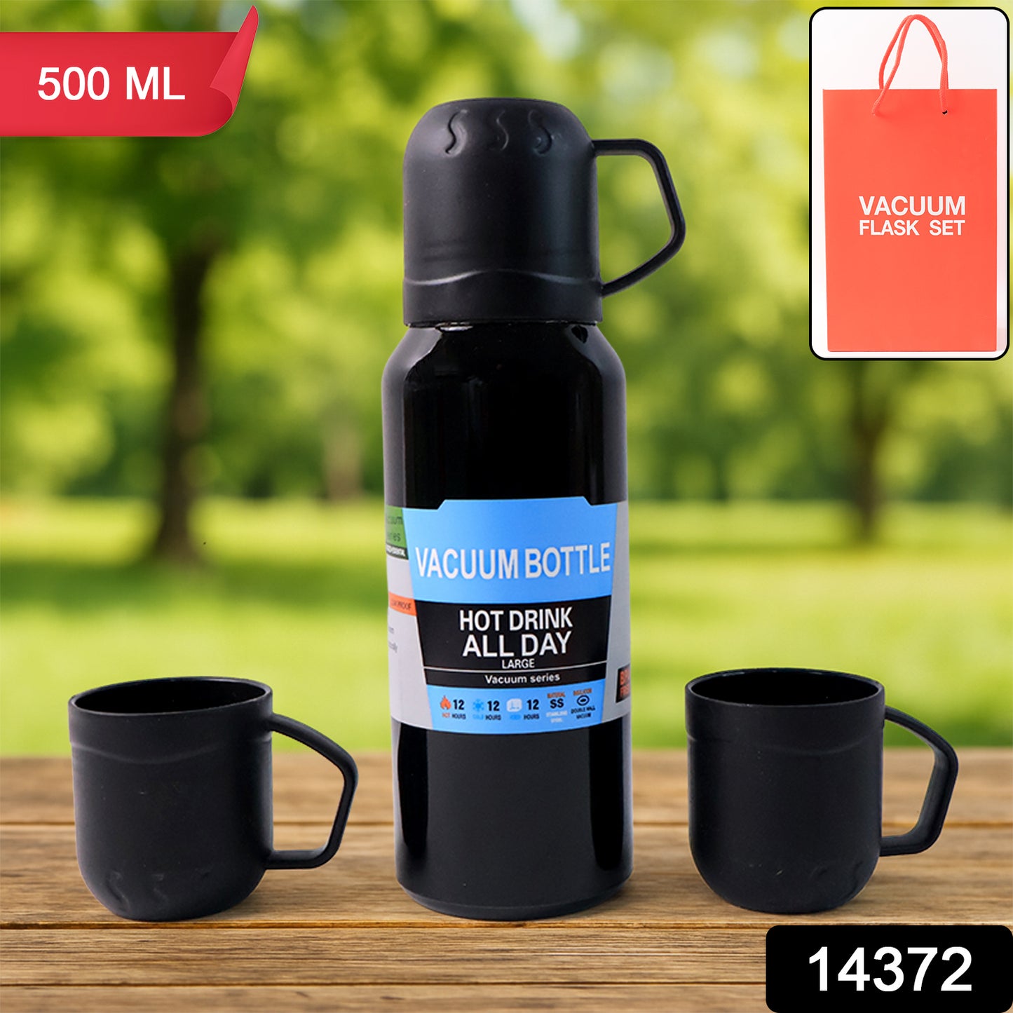 Black Vacuum Flask Set  Stainless Steel Thermos With 3 Cups Approx 500ml