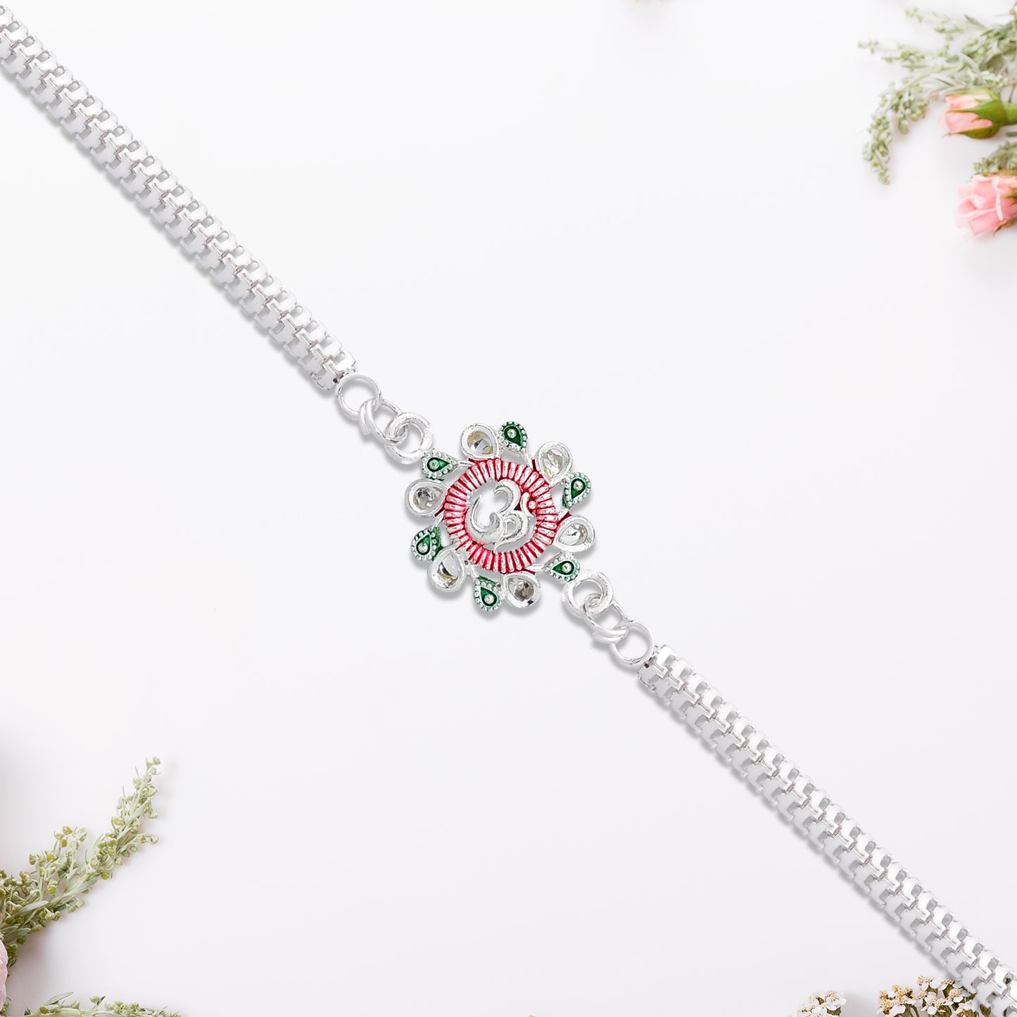 Elegant Floral Om Rakhi With Pink-green Accents