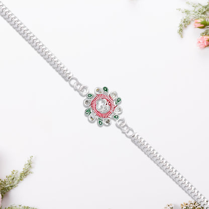Elegant Floral Om Rakhi With Pink-green Accents