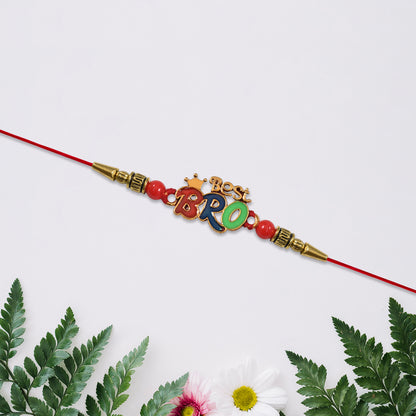 Colorful Best Bro Rakhi With Crown Motif And Decorative Beads On Red Thread