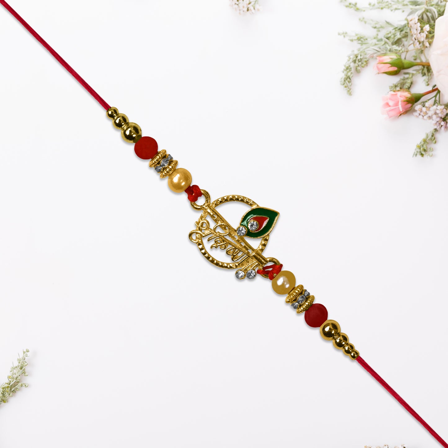 Krishna Name Rakhi With Decorative Beads And Stones