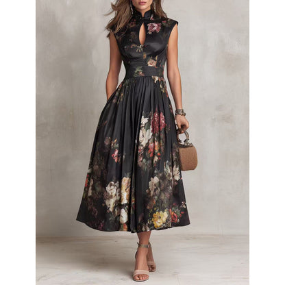Sleeveless black three-dimensional floral print long skirt slim fit dress