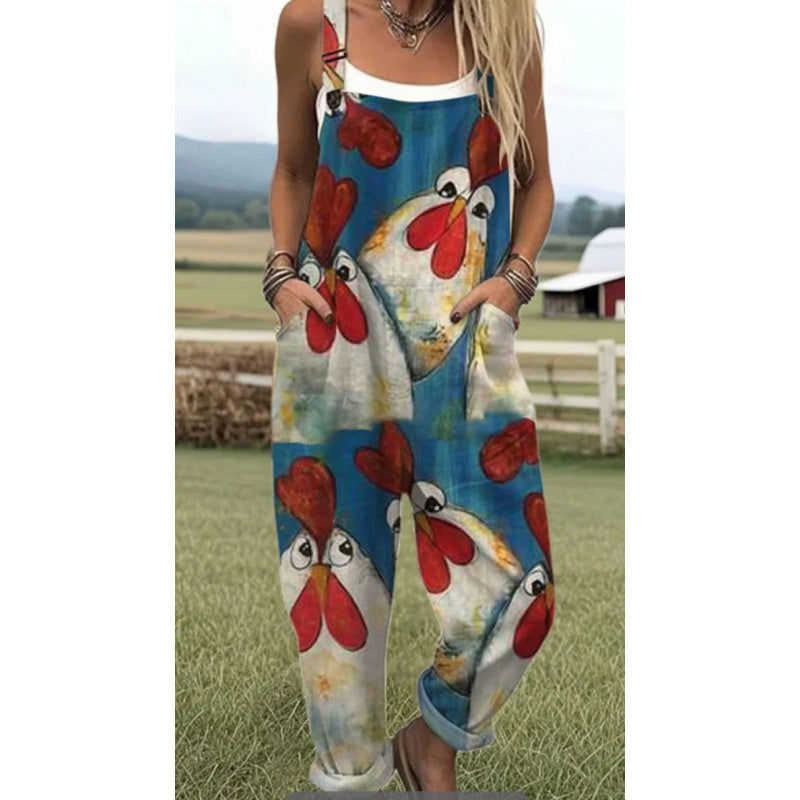 Women's Digital 3D Printing Buttons Casual Suspender Trousers Suspenders