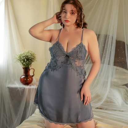 Sexy pajama plus size ice silk imitation silk set, high-end with chest cushion, suspender, nightgown set, fat