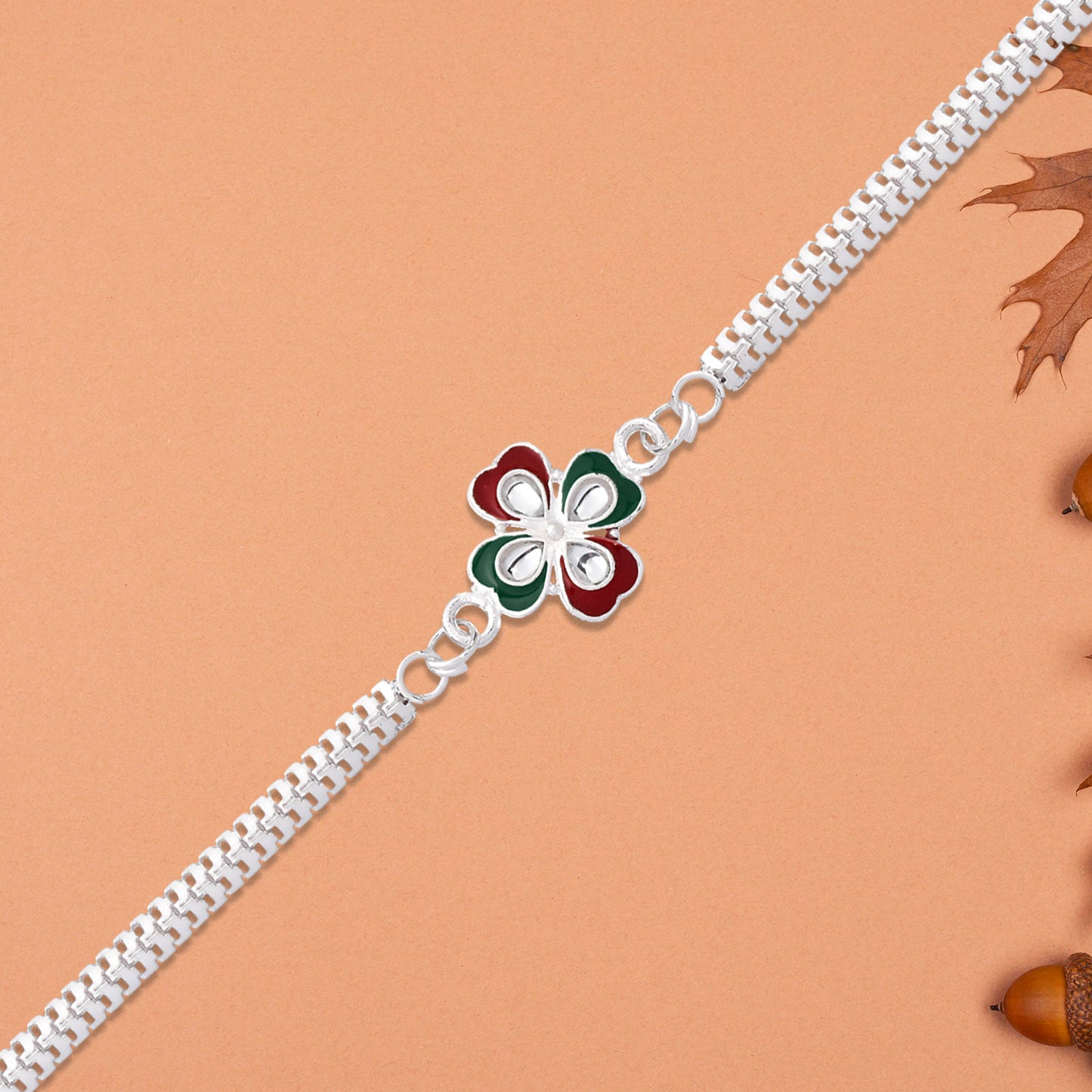 Elegant Floral Rakhi With Tricolor Enamel And Silver-tone Metal Chain