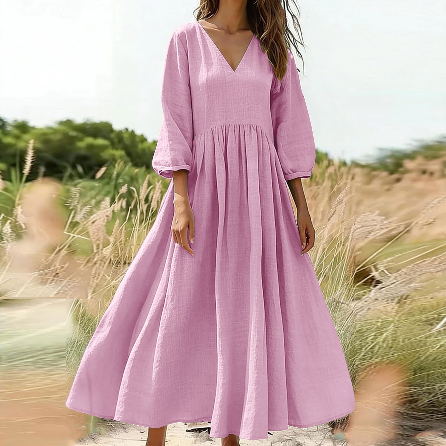 V-neck pleated dress