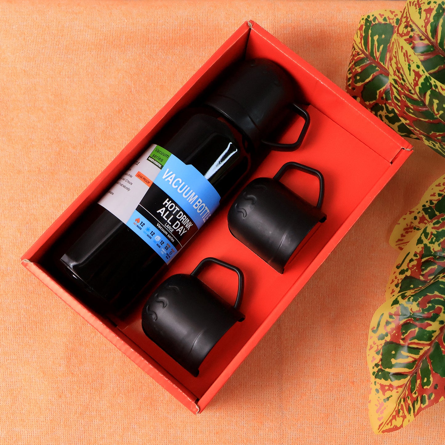 Black Vacuum Flask Set  Stainless Steel Thermos With 3 Cups Approx 500ml