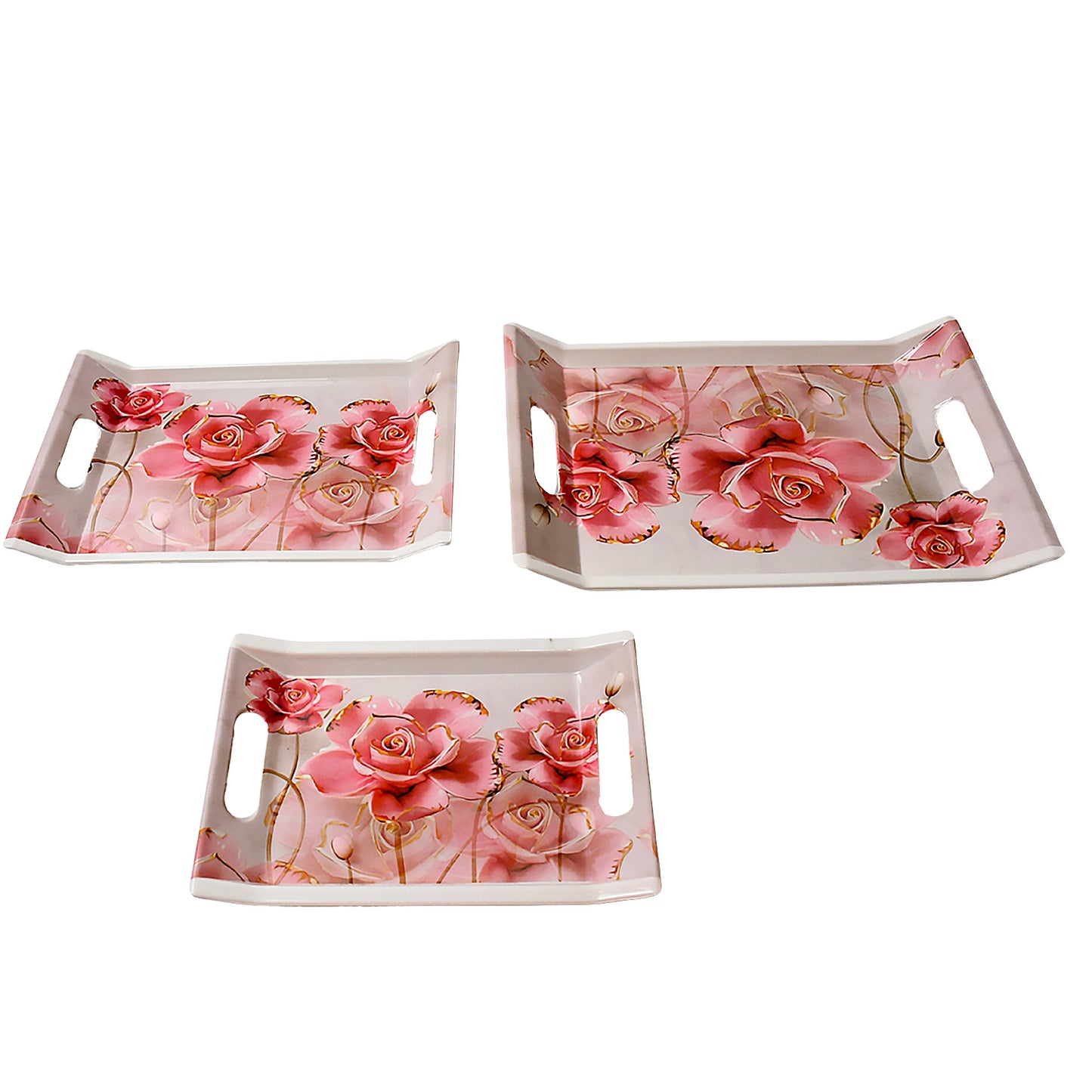 2292 Plastic Rectangular Shape Flower Printed Design Serving Tray 3 Pcs Home And Kitchen Use (3 Pcs Set)