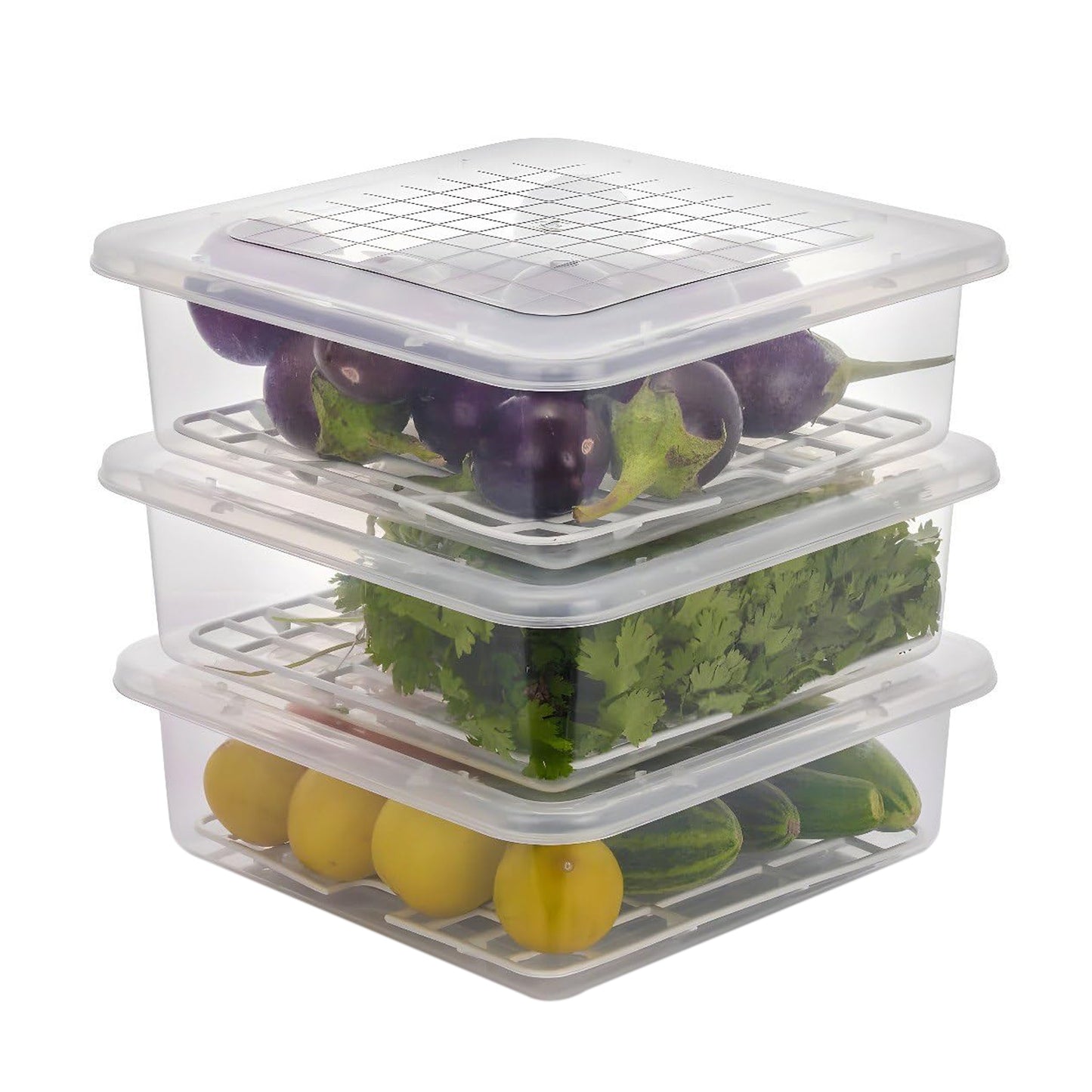 Plastic Food Storage Containers With Removable Drain Tray And Lid (3 Pcs Set)