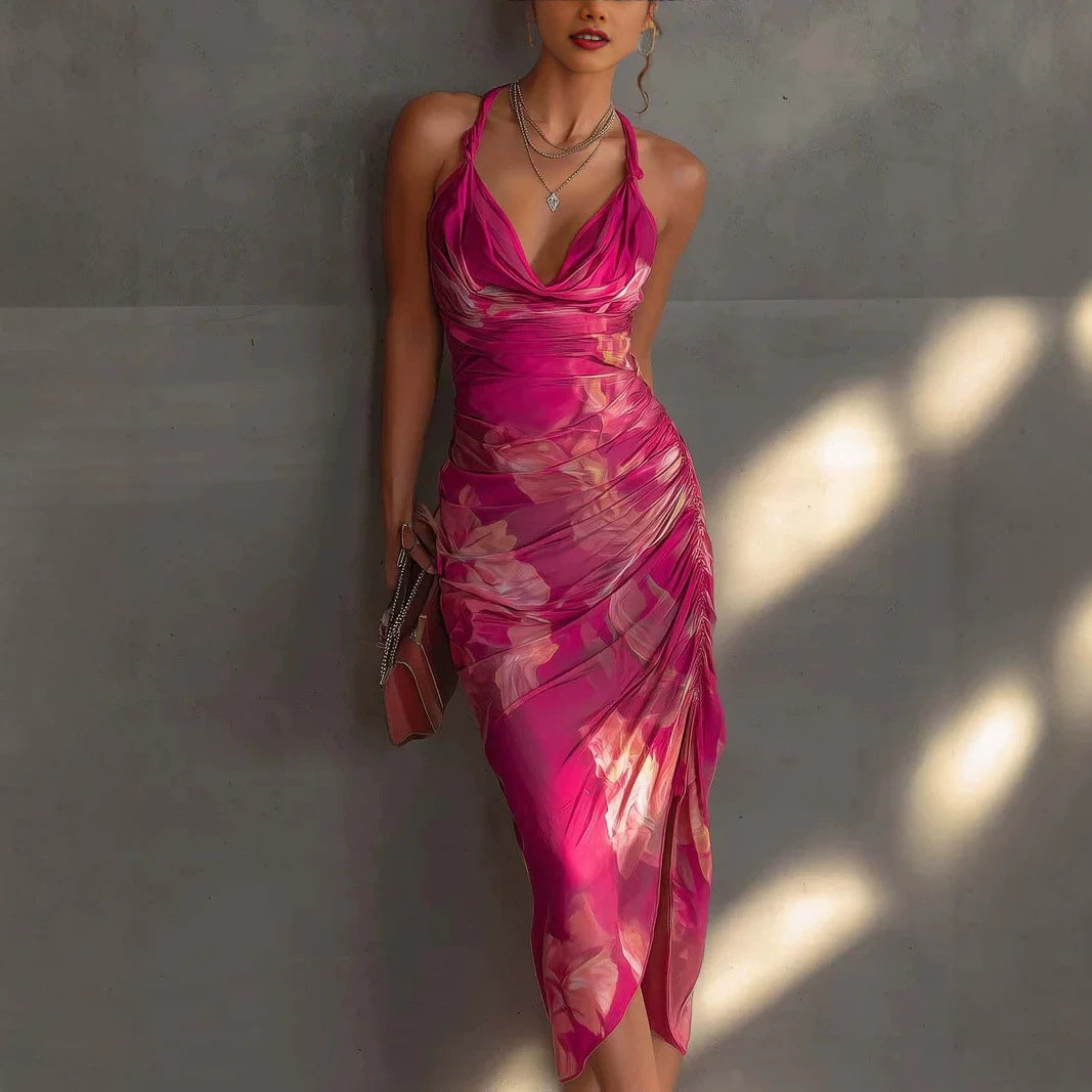 Backless Printed Strap Dress, Fitted Slim Fit High Slit Fashion Long Dress