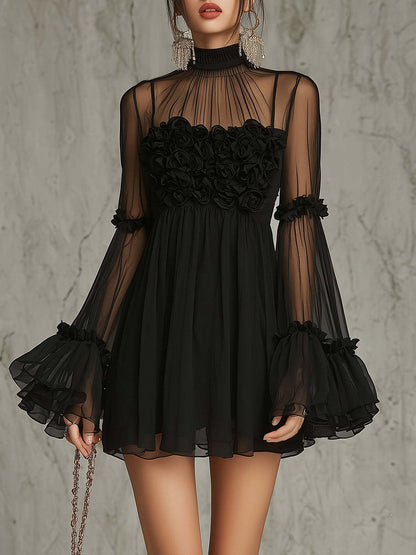 Floral Embroidered Sheer Lace Dress with High Neck and Flared Sleeve