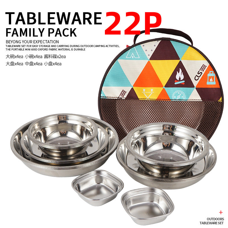 New Portable Dinner Plate 22-Piece Set Outdoor Camping Tableware Self-Driving Tour Barbecue Plate Household Soup Pot Bowl Plate Set