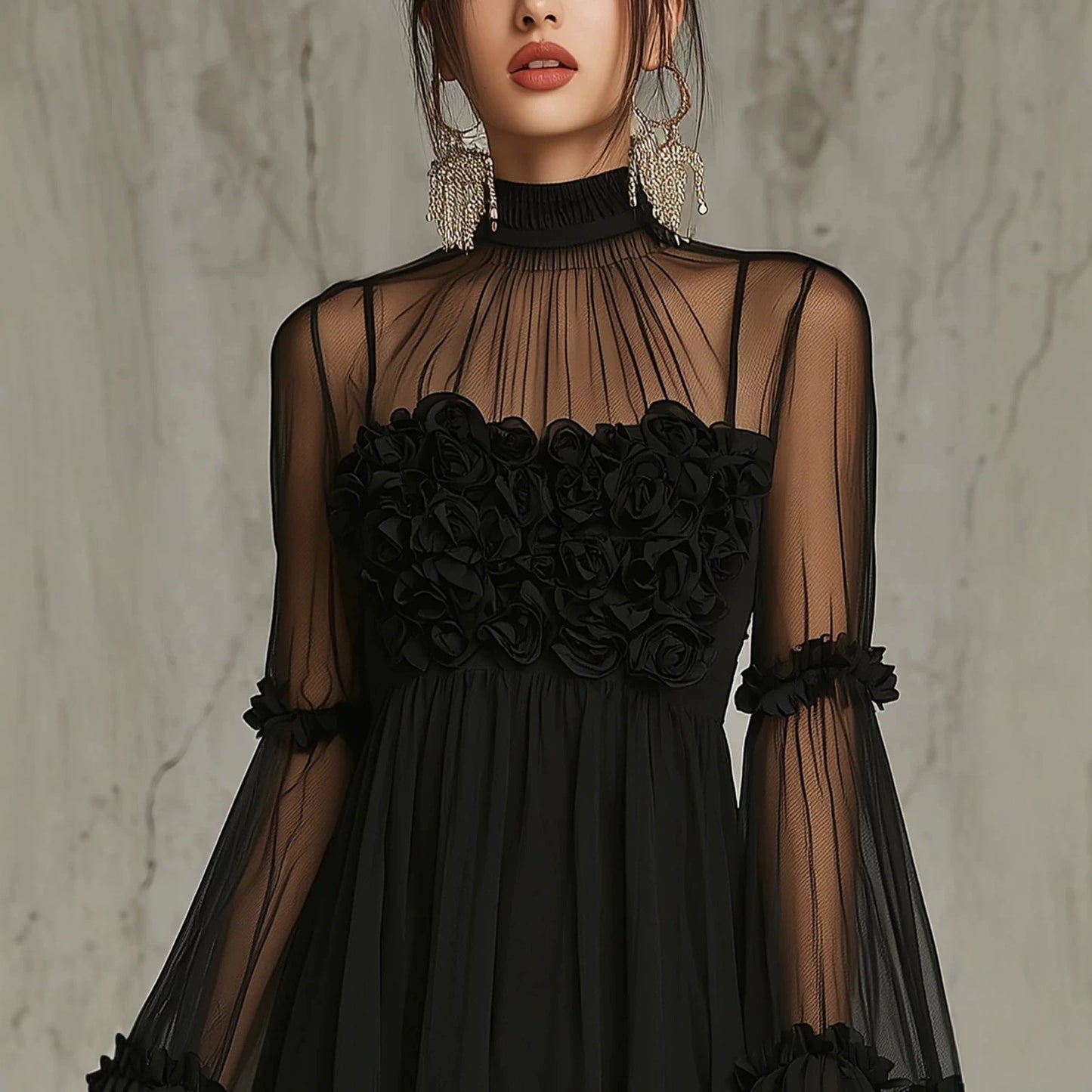 Floral Embroidered Sheer Lace Dress with High Neck and Flared Sleeve