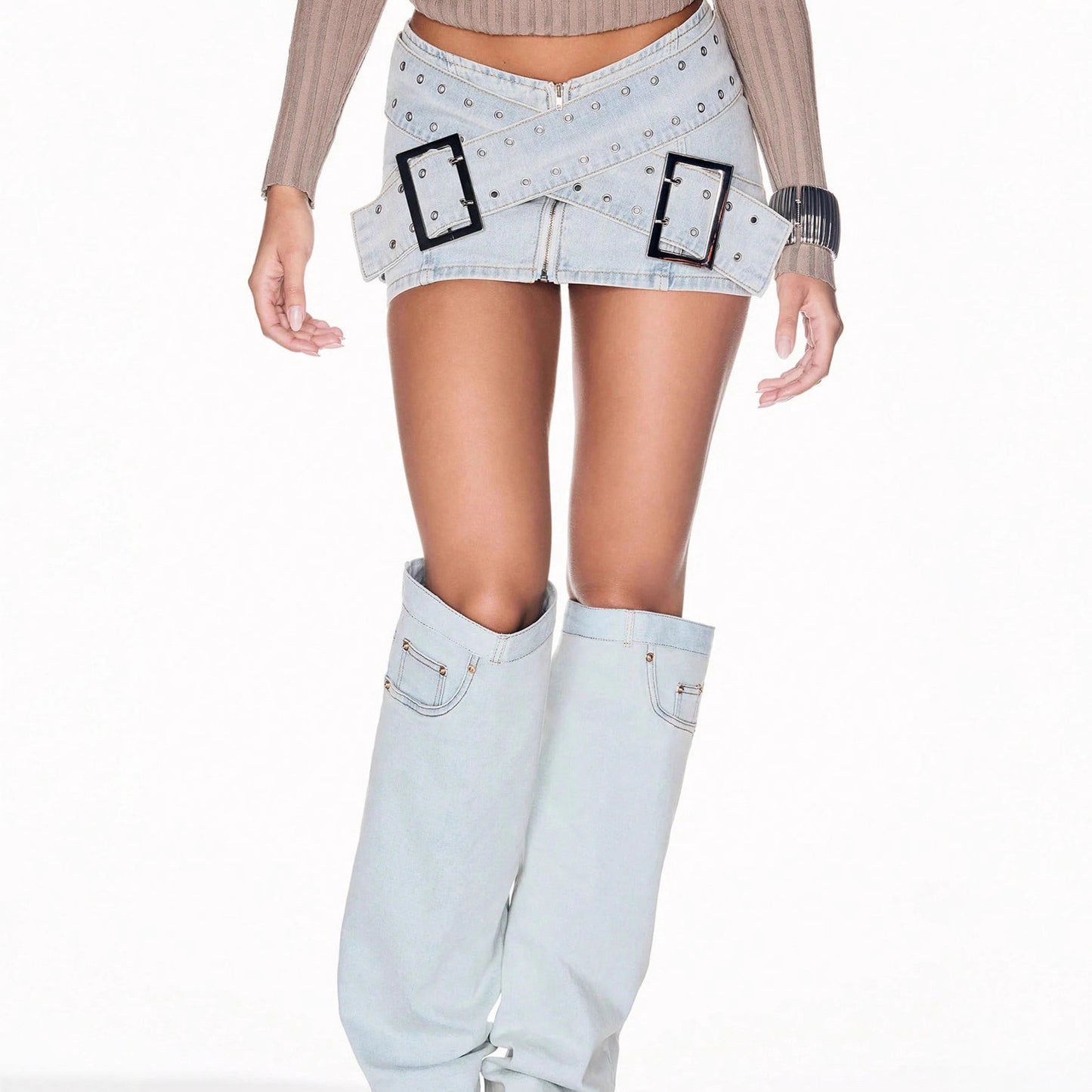 Fashionable Light Blue Denim Mini Skirt with Cross-Over Buckle Design, Bodycon Style