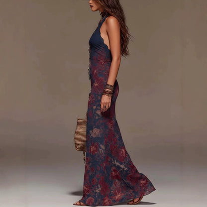 Hanging neck women's lace deep V sleeveless slim fit Bohemian dress