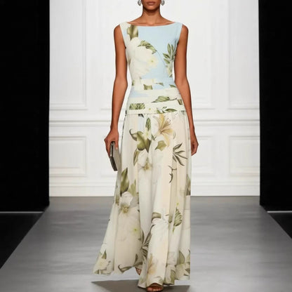 V-neck floral print women's dress sleeveless backless waist cinching long skirt